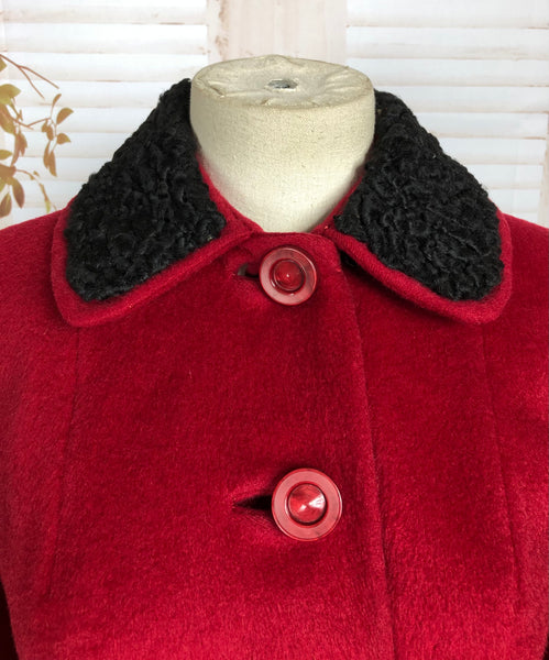 Stunning Red Early 1950s 50s Coat With Astrakhan Collar