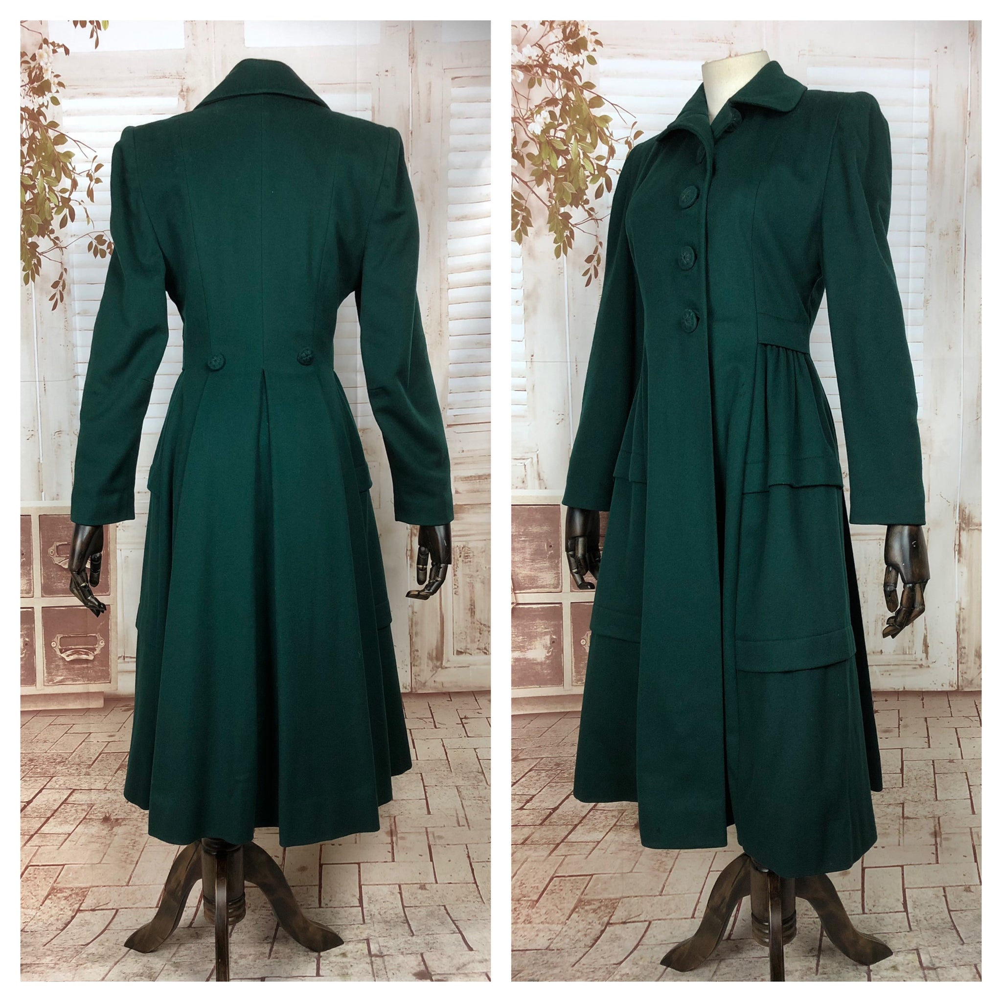 Incredible Original Vintage 1940s 40s Emerald Green Fit And Flare Princess Coat With Tiered Skirt
