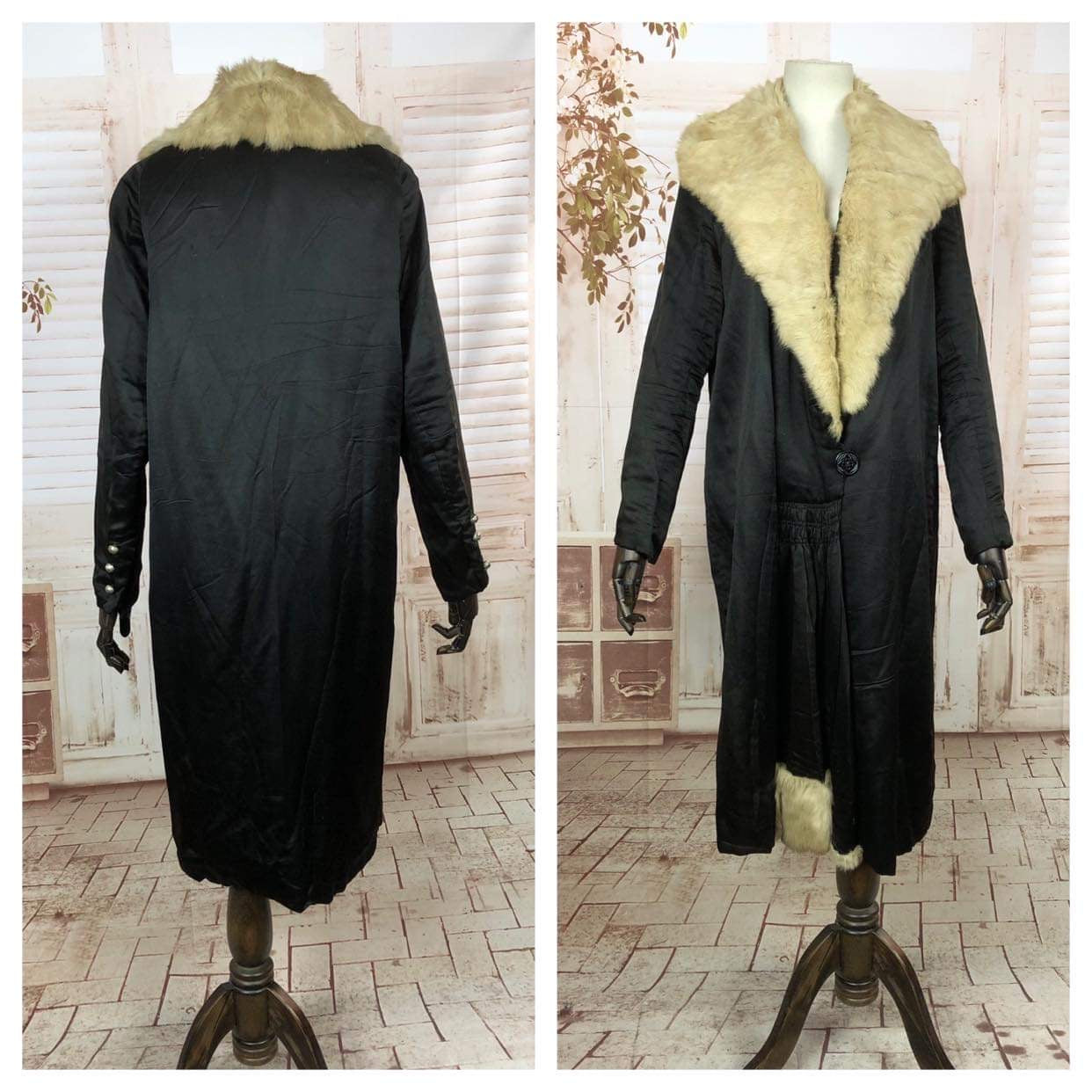 Stunning Original Early 1930s 30s Art Deco Black Satin Coat With Fur Collar And Trim