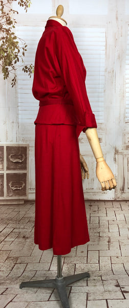 Amazing Original 1940s Vintage Red Belted Suit With Black Accents By Juliette Originals