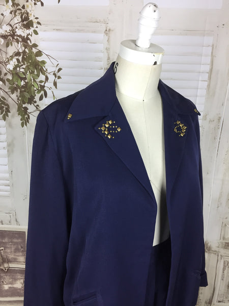 Original 1950s Navy Blue Vintage Wool Skirt Suit With Brass Collar Studs By Botany USA