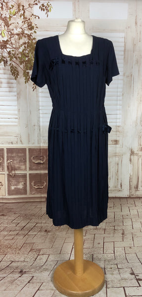 Original 1940s 40s Vintage Midnight Blue Day Dress With Stripe Panels And Velvet Ribbons By Robin Fashions