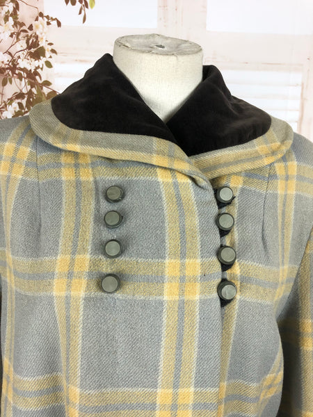 LAYAWAY PAYMENT 1 OF 3 - RESERVED FOR KELLY - Original 1940s 40s Vintage Periwinkle And Yellow Plaid Belted Swing Coat