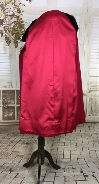 Original 1950s 50s Raspberry Red Cashmere Wool Clutch Coat With Dark Brown Black Shorn Fur Collar And Cuffs