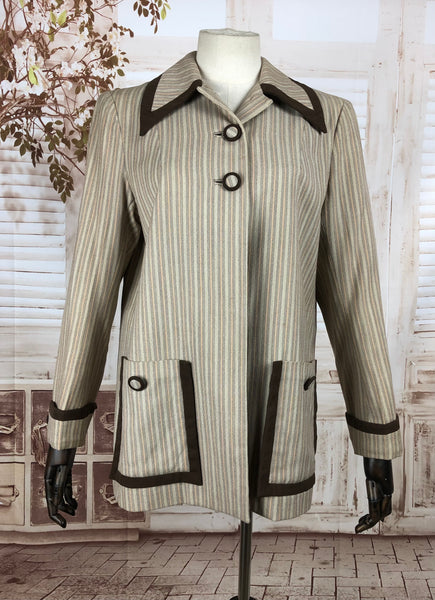 Original 1940s 40s Vintage Cream And Brown Striped Sportswear Coat