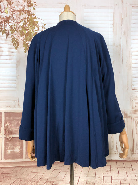 Incredible Original 1940s Volup Vintage Blue Gabardine Swing Coat With Beaded Pockets