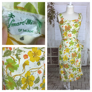 Original 1950s 50s Vintage Hawaiian Style Polished Cotton Dress With Sarong Skirt White And Gold Flowers By Smart Mills Miami