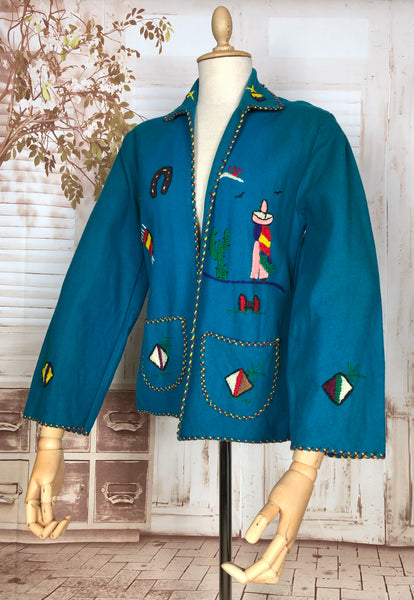 Fabulous Original 1950s Vintage Turquoise Blue Embroidered Mexican Tourist Jacket