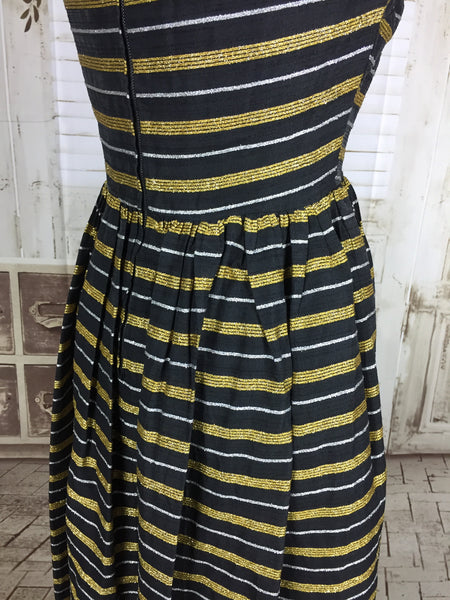 Original 1950s Black Silk Mix Dress With Silver And Gold Lurex Stripes By Trina Lewis