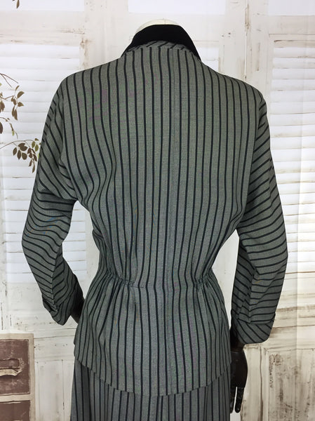 Original 1940s 40s Vintage Silver Grey Black Stripe Summer Suit With Black Velvet Collar By Kay Windsor