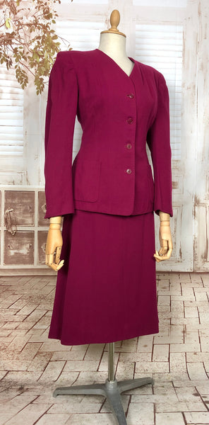 LAYAWAY PAYMENT 1 OF 2 - RESERVED FOR ANJA - Amazing Original 1940s Vintage Fuchsia Pink Collarless Skirt Suit