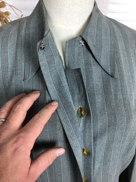 Original 1940s 40s Vintage Grey And Blue Striped Gabardine Skirt Suit