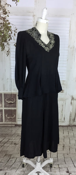 Original 1940s Vintage Black Crepe Skirt Suit White Embroidery Bishop Sleeves
