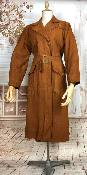 Super Rare Original 1940s Vintage Super Soft Tan Suede Belted Coat
