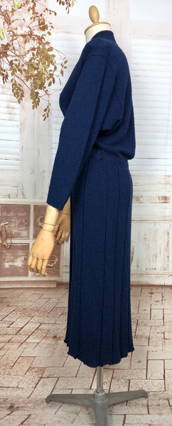 Beautiful Original Late 1940s / Early 1950s Volup Vintage Sapphire Blue Knit Dress By Kims