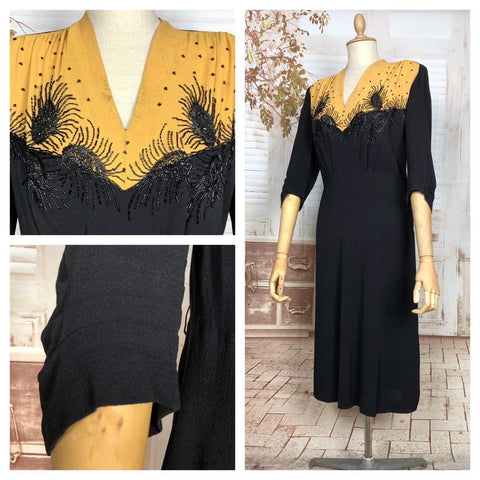Exquisite Original 1940s Volup Vintage Two Tone Mustard Yellow And Black Beaded Colour Block Dress