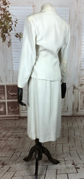 Original Late 1940s 40s Vintage White Linen With Silk Fleck Summer Skirt Suit With Blue Embellishments