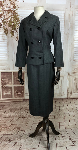 Original 1950s 50s Vintage Grey Self Striped Suit By Adele Simpson