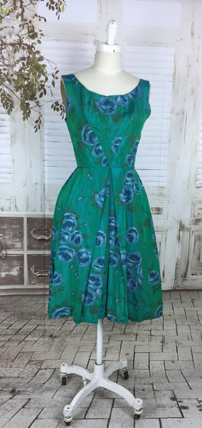 Original 1950s 50s Green Taffeta Dress With Blue Flowers With Underskirt