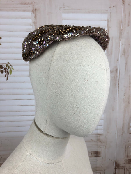 Original 1950s 50s Vintage Iridescent Silver Sequin And Bronze Bead Ladies Half Hat