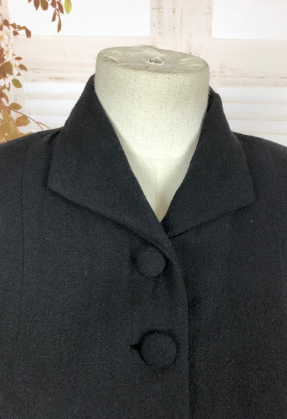 Classic Original Vintage 1940s 40s Black Wool Dress With Belted Waist
