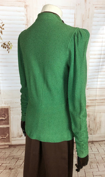 Original 1930s 30s Vintage Green Knit Jacket With Brown Arrows