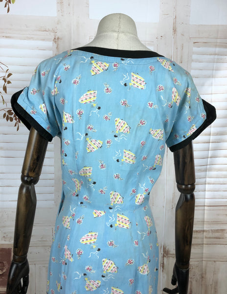 Original 1940s 40s Vintage Feed Sack Sky Blue Novelty Print Day Dress
