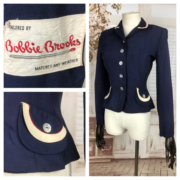 Original Late 1940s 40s Early 1950s 50s Vintage Navy With White And Red Embellishments Jacket By Bobbie Brooks