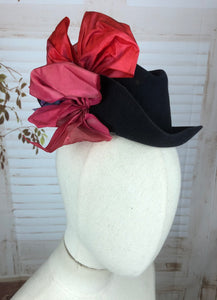 Fabulous Original Vintage 1940s 40s Navy Blue Mini Fedora With Pink And Purple Embellishments