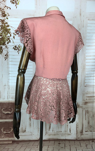 Original 1940s 40s Vintage Pale Pink Crepe And Lace Top