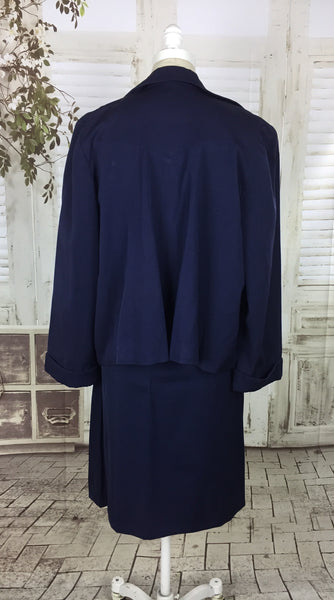 Original 1950s Navy Blue Vintage Wool Skirt Suit With Brass Collar Studs By Botany USA