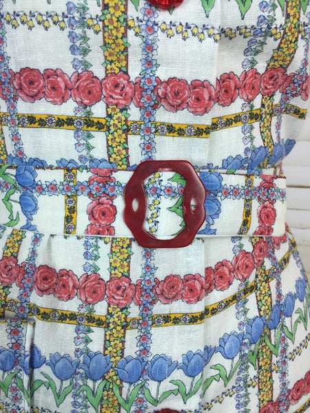 RESERVED FOR LISA - PLEASE DO NOT PURCHASE - Original 1940s Vintage White Flower Print Dress Red Buttons And Matching Belt With Buckle