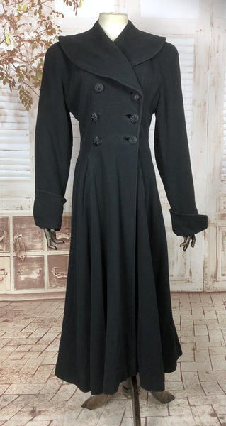 Superb Original 1940s 40s Black Wool Princess Coat With Gorgeous Buttons