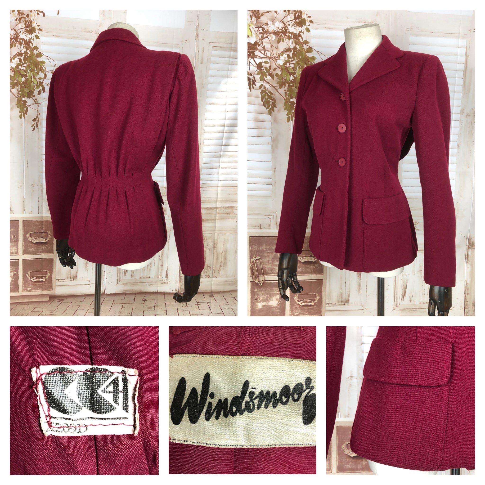 Original Vintage 1940s 40s Cranberry Wool Jacket With CC41 Utility Label By Windsmoor