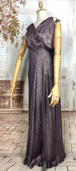 Exceptional Original 1930s Volup Vintage Purple Lamé Draped Evening Dress With Matching Jacket
