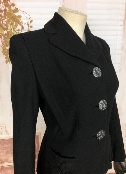 Fabulous Original 1940s 40s Vintage Black Blazer With Stunning Buttons And Trapunto Pockets 