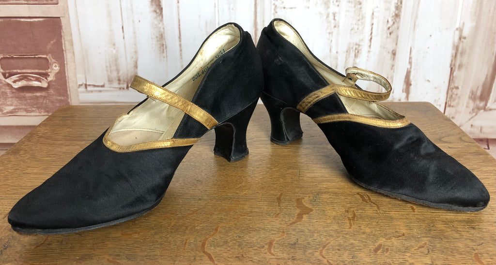 Fabulous Original Late 1920s Early 1930s Black And Gold Satin Heels Black Sheep Antiques