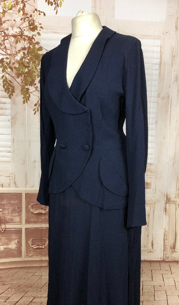 Original 1930s 30s Vintage Navy Blue Textured Crepe Skirt Suit