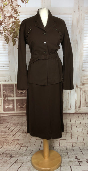 Original 1940s 40s Vintage Brown Gabardine Belted Skirt Suit