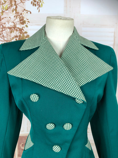 Incredible Original 1940s 40s Vintage Emerald Green Blazer With Gingham Details