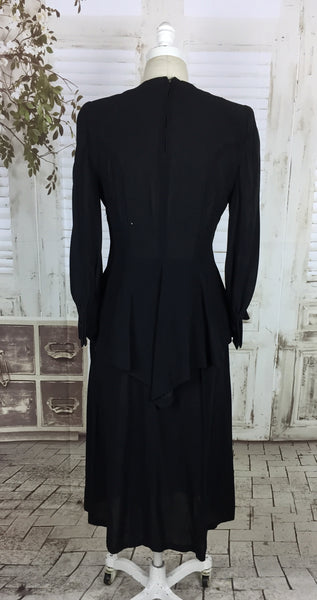Original 1940s Vintage Black Crepe Skirt Suit White Embroidery Bishop Sleeves