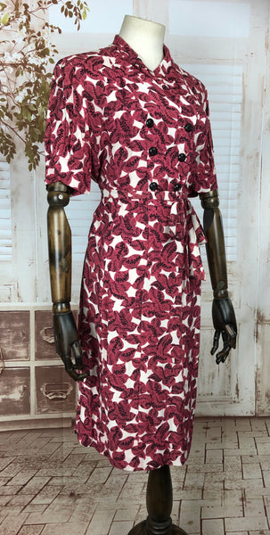 Original 1940s 40s Vintage Magenta Print Belted Gabardine Dress