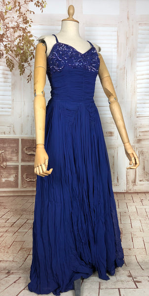 Stunning Original Late 1940s / Early 1950s Vintage Royal Blue Sequinned Chiffon Evening Gown