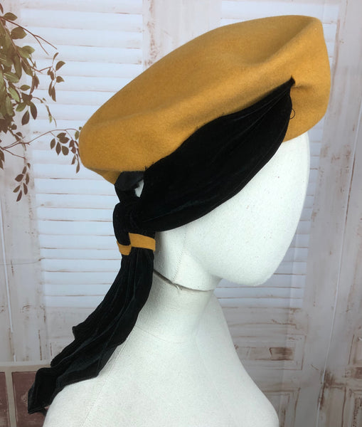 LAYAWAY PAYMENT 1 of 2 - RESERVED FOR KATIE - Rare Original 1940s 40s Vintage Mustard Yellow Felt Hat With A Black Velvet Wimple Exhibited In The Imperial War Museum