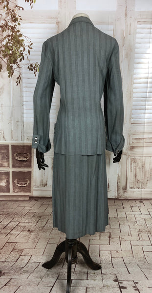 Original 1940s 40s Vintage Grey And Blue Striped Gabardine Skirt Suit