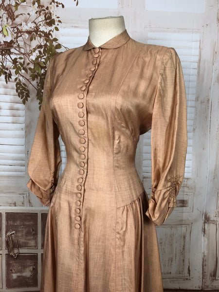 Rare Original 1930s 30s Vintage Raw Peach Silk Dress With All The Buttons