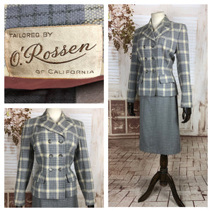 LAYAWAY PAYMENT 2 of 2 - RESERVED FOR LILI - Original 1940s 40s Vintage Periwinkle Blue And Cream Plaid Double Breasted Wool Skirt Suit By O’ Rossen