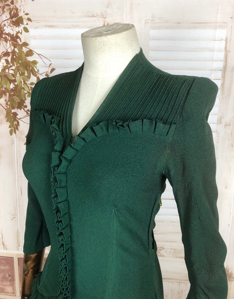 Original Early 1940s 40s Vintage Forest Green Crepe Dress