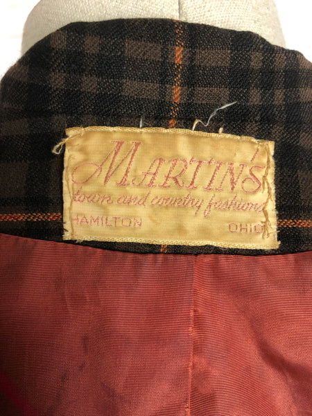 Cute Original 1940s 40s Vintage Brown Plaid Blazer By Martin’s