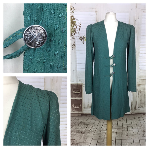 RESERVED FOR KHARONN - Vintage 1930s 30s Teal Textured Crepe Lightweight Coat With Puff Shoulders And Frog Fastening
